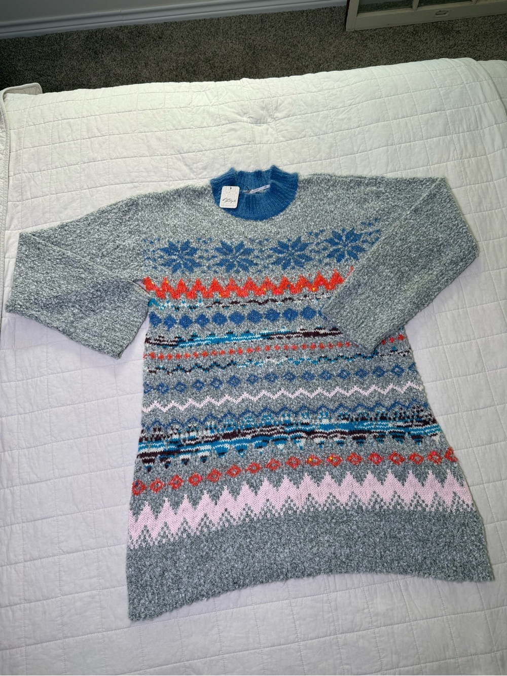 Free People Grey Crewneck Sweater with Blue, Red, Pink & Teal Fair Isle Pattern